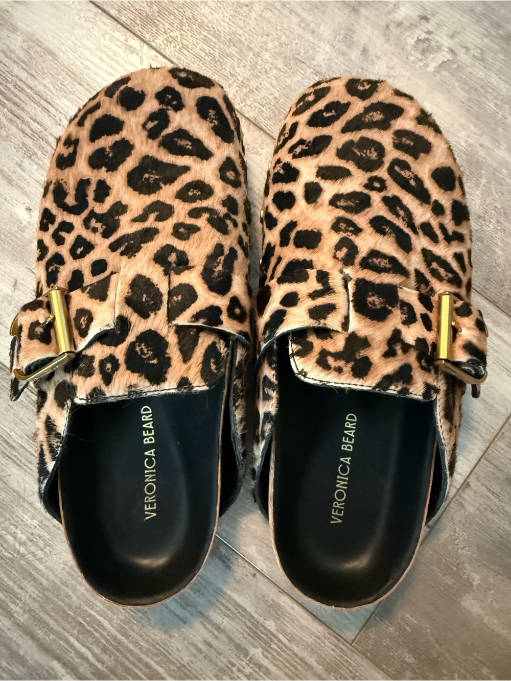 Veronica Beard Leopard-Print Slip-On Mules w/ Gold Buckle Size 6 Brand New!!! 🖤💛